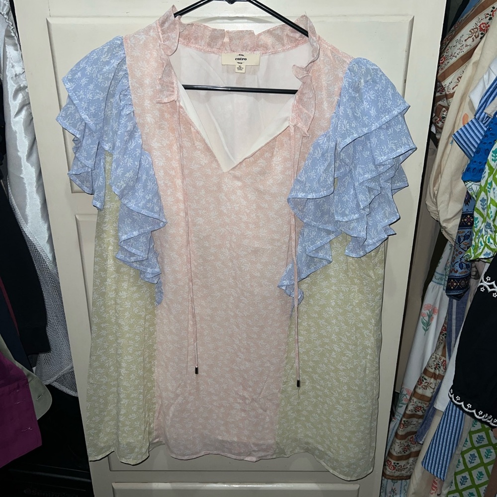 Entro Ruffled Blouse in Pink, Blue, and Green